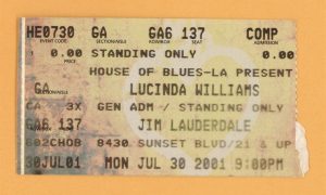 Lucinda Williams @ House of Blues Ticket Stub - 2001 Essence Tour